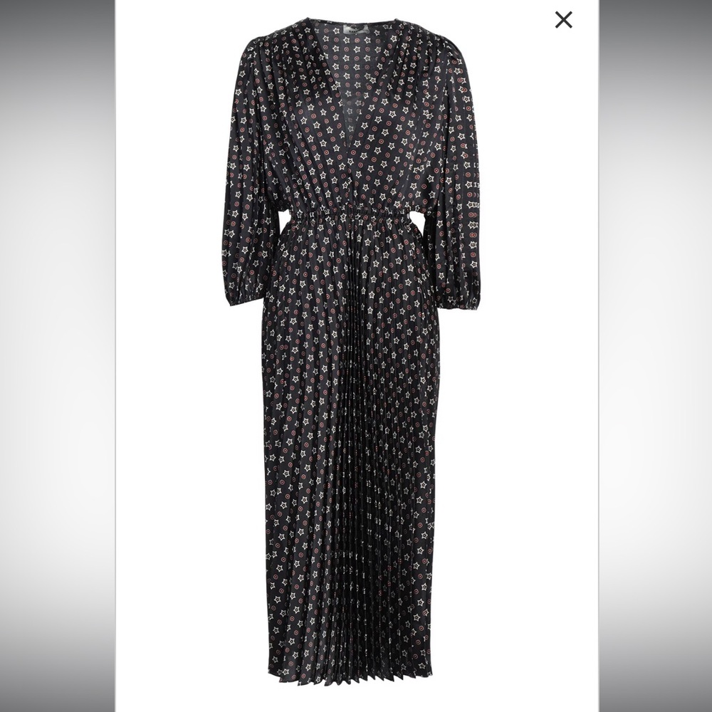 Sandro,Women's Black Midi Dress Polyester, pleated dress, satin,deep neckline,